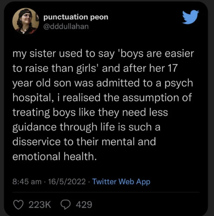 Tweet about someone's sister who said that boys are easier to raise than girls, but their 17-year-old was admitted to a psychiatric hospital, and the dangers of treating boys as if they need less guidance