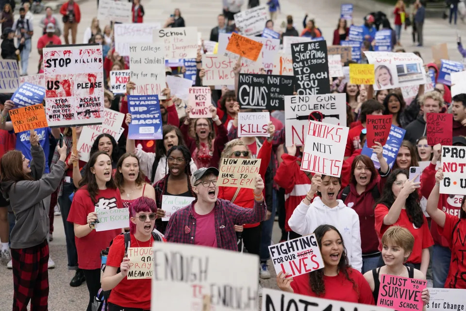 Students gather outside the State Capitol for the March for Our Lives anti gun protest in Nashville, Tenn., Monday, April 3, 2023. (AP Photo/George Walker IV)