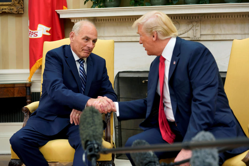 President Donald Trump shakes hands with John Kelly after he was sworn in as White House Chief of Staff in the Oval Office of the White House in Washington, U.S., July 31, 2017 (Photo: Joshua Roberts / Reuters)