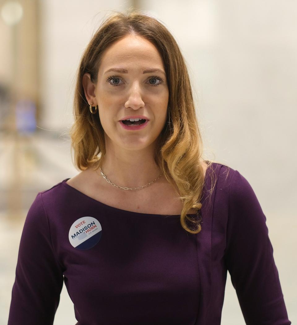 Madison Horn arrives to submit her candidate filing at the Capitol Thursday, April 14, 2022.