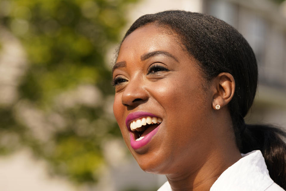 Former Delegate Lashrecse Aird smiles during an interview as she prepares to canvas a neighborhood, Monday, May 22, 2023, in Henrico County, Va. Aird is challenging State Sen. Joe Morrissey in a Democratic primary for a newly redrawn senatorial district. (AP Photo/Steve Helber)