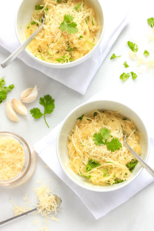 <p>Dish by Dish</p><p>These are bowls of baked spaghetti squash tossed with fragrant minced garlic and chopped fresh cilantro. Easy, low-carb and very satisfying.</p><p><a href="http://dishbydish.net/2015/10/12/garlic-cilantro-spaghetti-squash-bowls/" rel="nofollow noopener" target="_blank" data-ylk="slk:Get the recipe here!;elm:context_link;itc:0;sec:content-canvas" class="link rapid-noclick-resp"><em><strong>Get the recipe here!</strong></em></a></p>