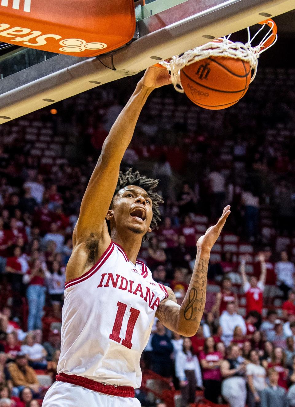 Indiana's C.J. Gunn (11) dunks during the Indiana versus St. Francis men's basketball game at Simon Skjodt Assembly Hall on Thursday, Nov. 3, 2022.