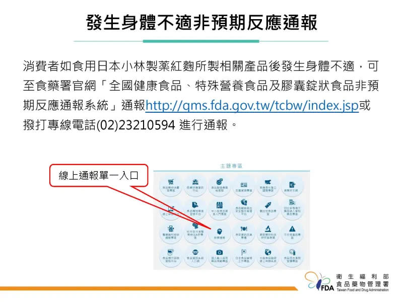 ▲消費者食用小林製薬紅麴若發生身體不適，可至食藥署官網通報。（圖／食藥署提供）