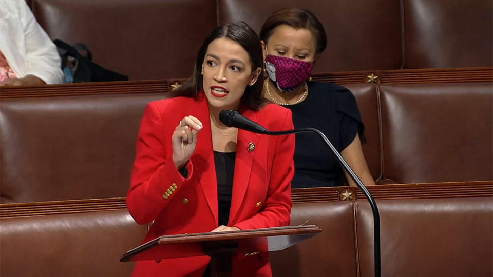 Rep. Alexandria Ocasio-Cortez, D-N.Y., speaks on the House floor Thursday. (Reuters TV)