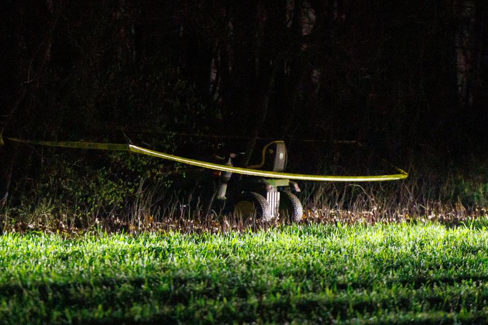 Police tape sections off around a crashed riding mower at the scene of a shooting on the 6400 block of Pamadeva Road, Wednesday, April 5, 2023, in Heidelberg Township. The man was flown to York Hospital by a medical helicopter.