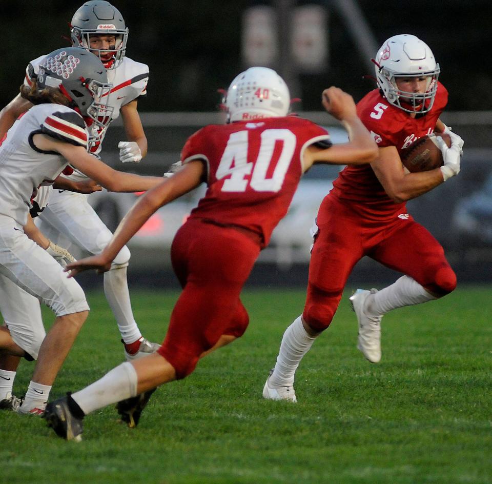 Loudonville High School's Zach Frankford (5) during football action between Centerburg and Loudonville at Redbird Stadium  Friday September 16,2022  Steve Stokes/for Ashland Times-Gazette