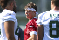 New York Jets quarterback Zach Wilson (2) looks on during practice at the team's NFL football training facility, Saturday, July. 31, 2021, in Florham Park, N.J. (AP Photo/Rich Schultz)