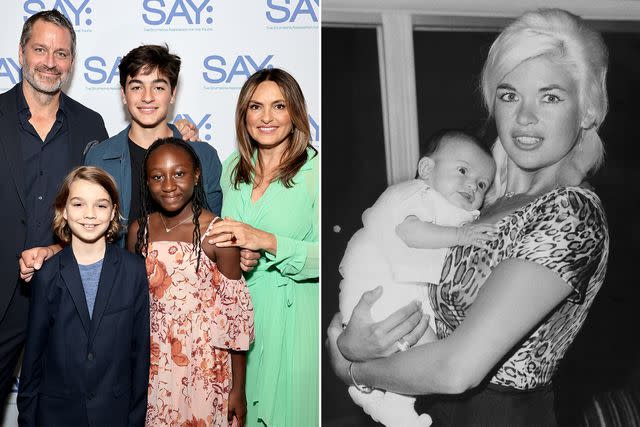 <p>Jamie McCarthy/Getty ; Archive Photos/Getty</p> Mariska Hargitay and Peter Hermann pose with their children, August Miklos Friedrich Hermann, Andrew Nicolas Hargitay Hermann and Amaya Josephine Hermann at the 2023 Stuttering Association For The Young (SAY) Benefit Gala on May 22, 2023 in New York City. ; Jayne Mansfield holding 6 week old Mariska Hargitay in March 1964