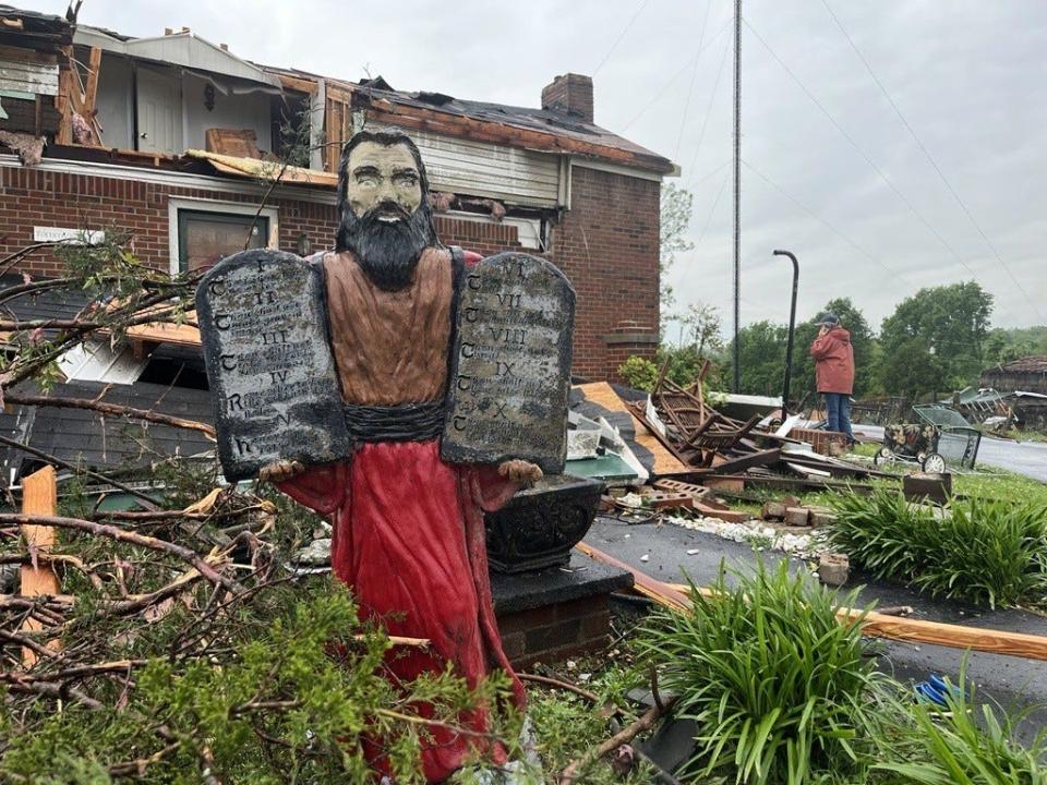 A home off Cothran Road overlooking Bear Creek was damaged by a likely tornado Wednesday, May 8, 2024. Tammy Johnson, 66, had lived in the home for most of her life and was on the scene with her dog Max the day after Thursday, May 9, 2024.