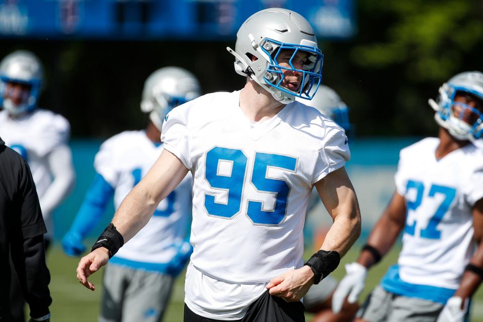 Detroit Lions defensive lineman Mathieu Betts (95) practices during rookie minicamp at Detroit Lions headquarters and practice facility in Allen Park on Friday, May 10, 2024.