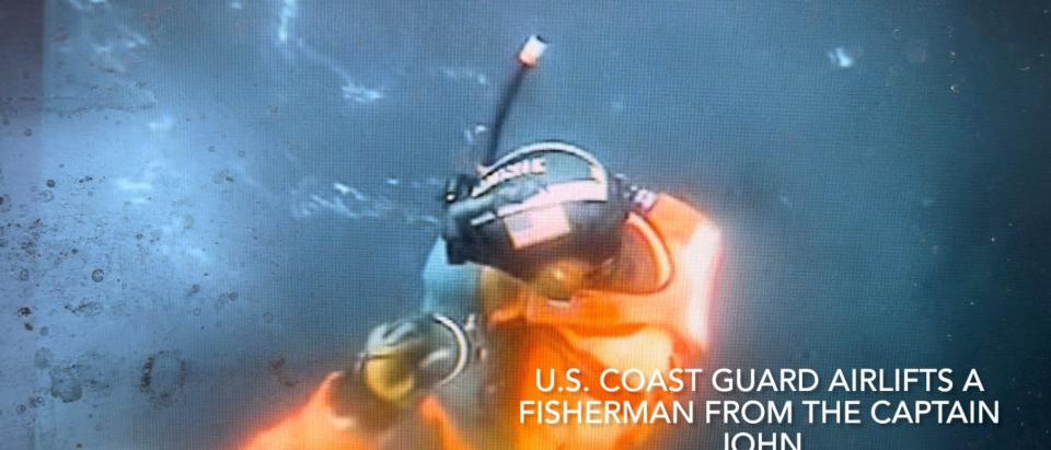 Screen grab of a U.S. Coast Guard rescue of a fisherman facing a medical emergency on a scallop boat.