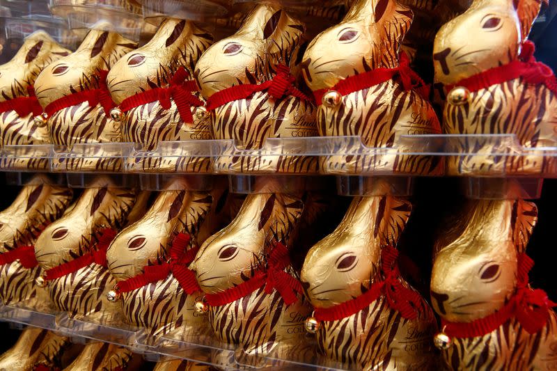 FILE PHOTO: Gold-wrapped Easter chocolate bunnies are displayed during the annual news conference of Swiss chocolatier Lindt & Spruengli in Kilchberg