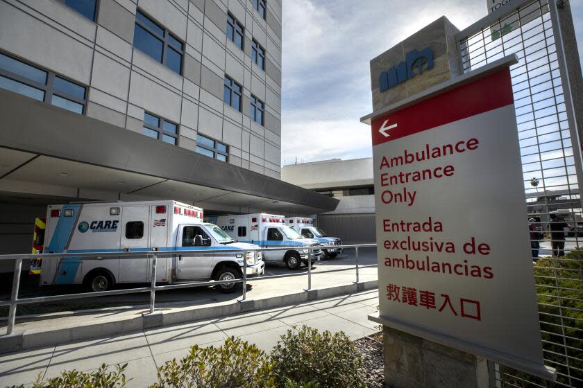 ARCADIA, CA - JANUARY 06: Ambulances deliver patients to Methodist Hospital in Arcadia. The hospital said it met the criteria for crisis care mode as it is now caring for 233 patients, more than half for COVID positive in isolation. Photographed at Arcadia on Wednesday, Jan. 6, 2021 in Arcadia, CA. (Myung J. Chun / Los Angeles Times)