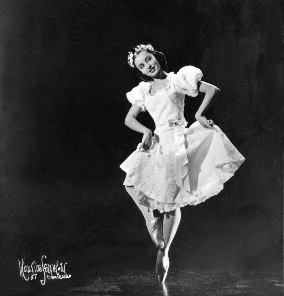 Moscelyne Larkin (Shawnee-Peoria) appears in a 1957 production of "Le Beau Danube" in the role of the romantic young daughter. She is one of the five Native American ballerinas from Oklahoma known as the Five Moons.