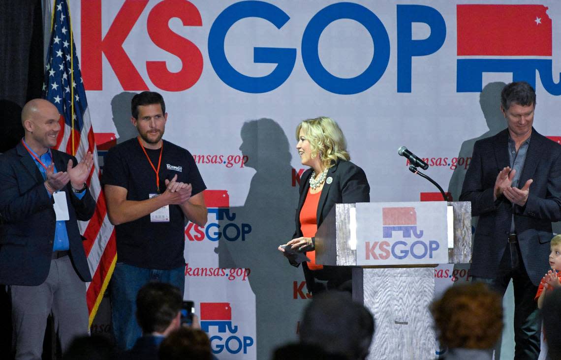 Vicki Schmidt, a Republican, was elected Insurance Commissioner, addresses supporters at Republican watch party on Tuesday, Nov. 8, 2022, in Topeka, Kansas.