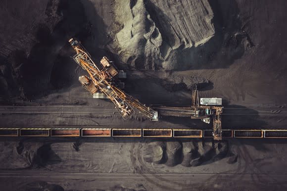 An overhead view of a coal mining operation loading product onto freight cars.