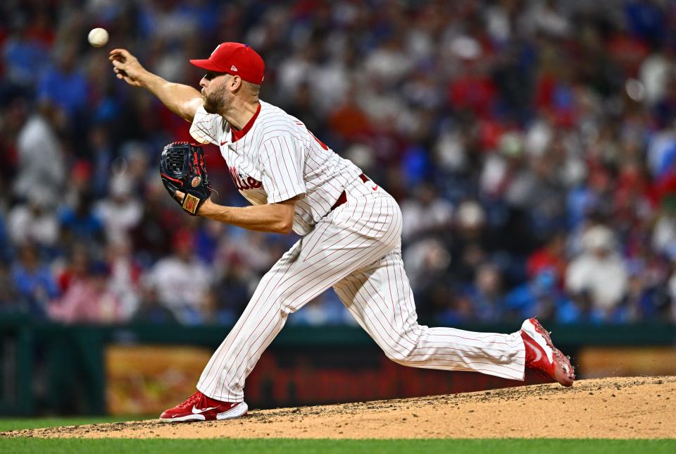 Philadelphia Phillies starting pitcher Zack Wheeler (45) throws a pitch against the Chicago White Sox in the seventh inning at Saturday, Apr 20, 2024, at Citizens Bank Park in Philadelphia.