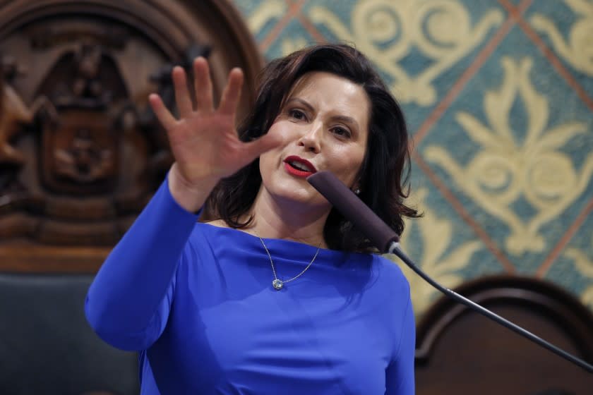 FILE - Ion this Feb. 12, 2019 file photo, Michigan Gov. Gretchen Whitmer delivers her State of the S