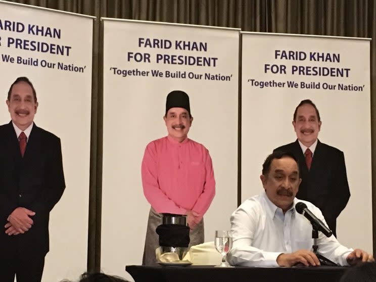 Presidential hopeful Farid Khan, who announced his run for office on 12 July. PHOTO: Nicholas Yong