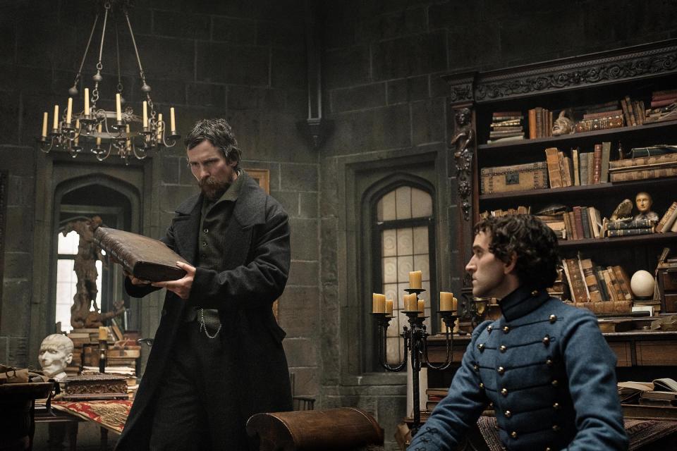 Christian Bale as Augustus Landor and Harry Melling as Edgar Allen Poe<span class="copyright">Scott Garfield—Netflix</span>