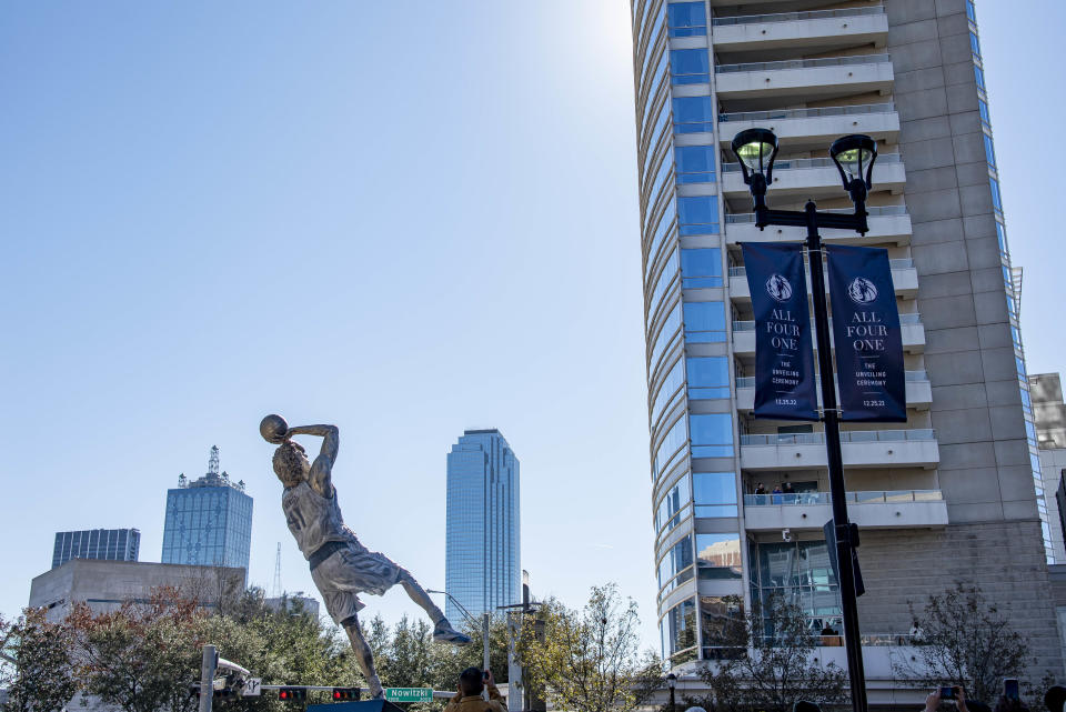 The statue of Dirk Nowitzki stands outside during the 