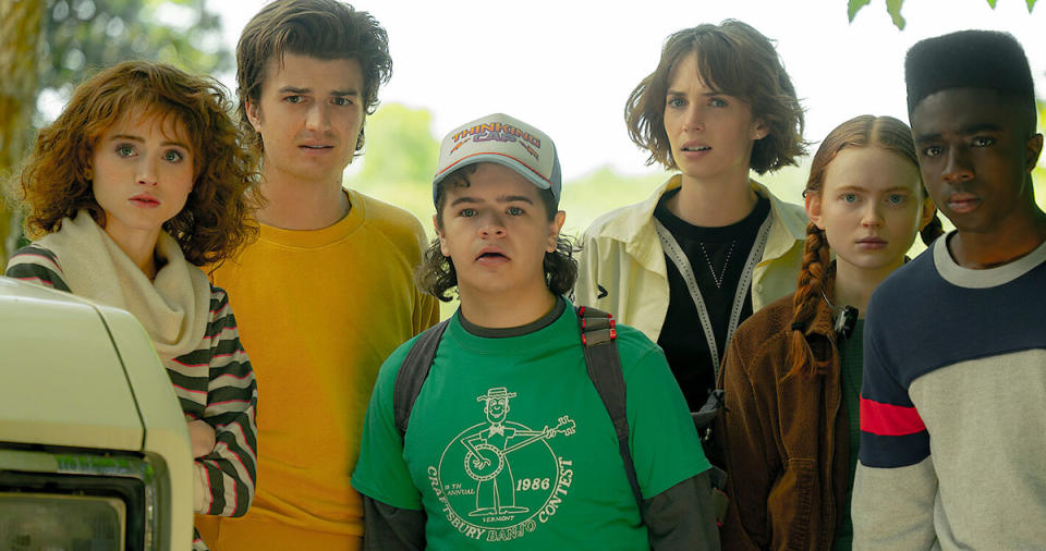 Natalia Dyer, Joe Keery, Gaten Matarazzo, Maya Hawke, Sadie Sink and Caleb McLaughlin on Stranger Things