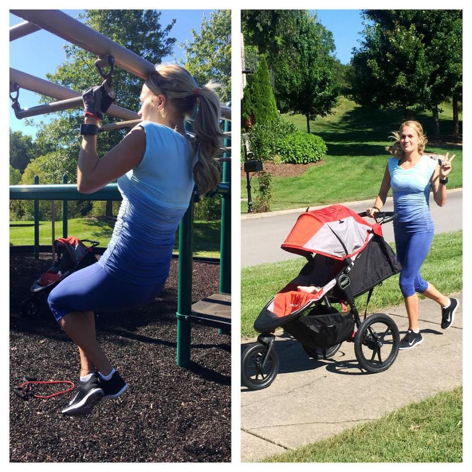 Carrie Underwood isn’t letting 5-month-old son Isaiah keep her from her workout routine! The country star and new mom showed off her active lifestyle on Instagram on Thursday with a pic of her getting a workout in while taking baby Isaiah for a walk. <strong>PICS: Carrie Underwood's Adorable Baby Boy Is Already Playing Piano!</strong> "Sometimes you have to work your baby into your workout...but that's ok because the world is your playground!" Underwood wrote, adding the hashtags "#MonkeyBars," "#WorkoutAnywhere," "#StayThePath" and a link to CALIA by Carrie, the singer’s line of fitness lifestyle apparel. Underwood shared a look at her workout, including jogging with her stroller and monkey bar pull-ups. The hard work is clearly paying off as the country singer stunned at the CMT Awards back in June and looked hotter than even in her new music video for "Smoke Break." <strong>EXCLUSIVE: Watch Carrie Underwood's Brand New 'Smoke Break' Video </strong>