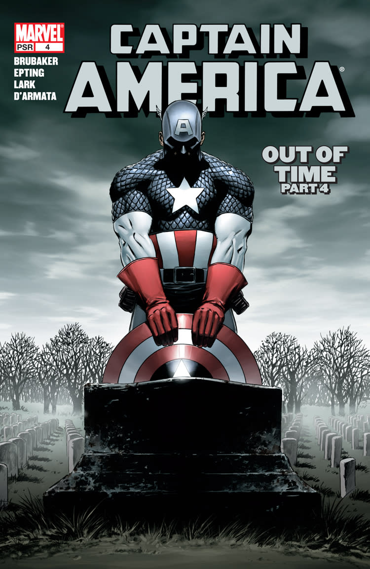 The cover for Captain America #4 Steve Rogers kneels over the sheild