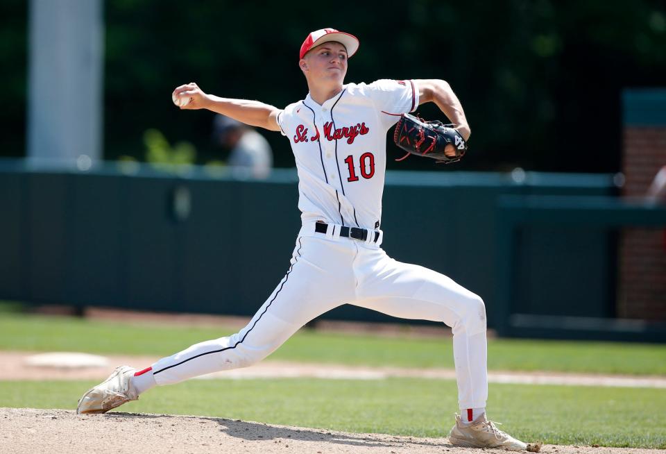 Orchard Lake St. Mary's Brock Porter pitches against New Boston Huron, Friday, June 18, 2021, at McLane Stadium in East Lansing, Mich.