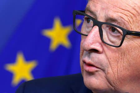 European Commission President Jean-Claude Juncker holds a news conference after meeting Swiss President Doris Leuthard at the EU Commission headquarters in Brussels, Belgium, April 6, 2017. REUTERS/Francois Lenoir