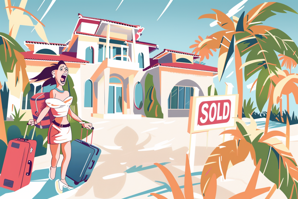 Illustration of a shocked woman in front of a vacation home with a "SOLD" sign.