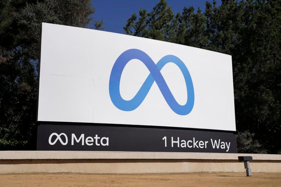 Facebook’s Meta logo sign is seen at the company headquarters in Menlo Park, California, on Oct. 28, 2021. (AP Photo/Tony Avelar, File)