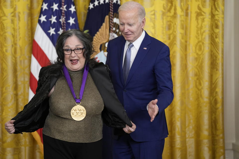 President Joe Biden presents the 2021 National Medal of the Arts to Judith Francisca Baca at White House in Washington, Tuesday, March 21, 2023. (AP Photo/Susan Walsh)