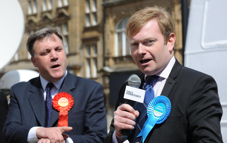 Antony Calvert Ed Balls, Labour MP, in a discussion with Conservative candidate Antony Calvert (right) during a head to head public debate with the other prospective MPs for the constituency of Morley and Outwood held in Morley town centre. .   (Photo by Anna Gowthorpe/PA Images via Getty Images)