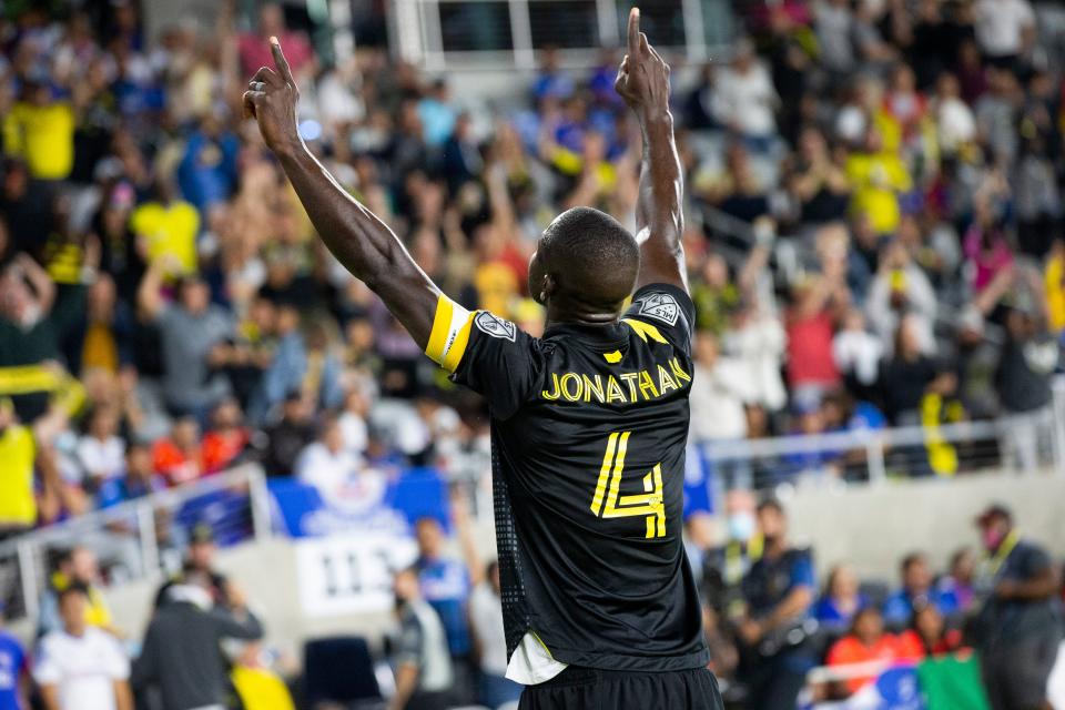Jonathan Mensah celebrates after scoring the final goal in the Columbus Crew&#39;s 2-0 victory against Cruz Azul in the 2021 Campeones Cup match at Lower.com Field.