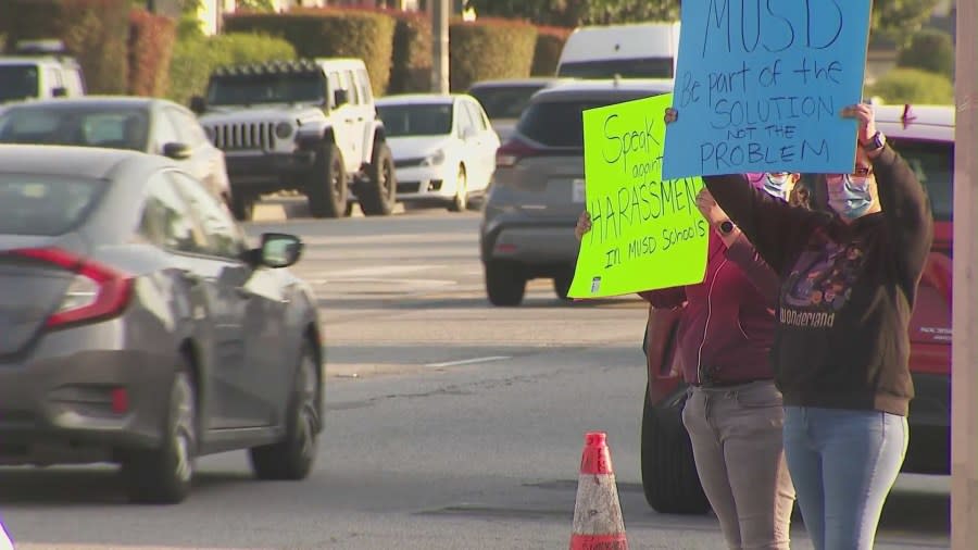 Parents and students gathered outside The Montebello Unified School District headquarters on March 20, 2024 over alleged bullying and sex assault incidents. (KTLA)