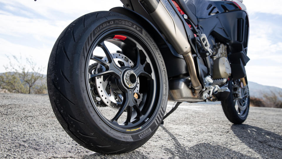 Pirelli Diablo Rosso IV rubber wraps the 17-inch wheels. - Credit: Photo by Mike Levin, courtesy of Ducati Motor Holding S.p.A.