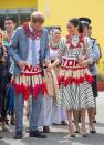 <p>The Duke and Duchess of Sussex dress the part for a visit to an exhibition of Tongan handicrafts, mats and tapa clothswear in Nuku'alofa, Tonga. </p>