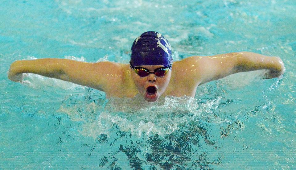 Jay McAreavey of the Watertown Area Swim Club competes in the mixed 12-and-under 100-yard butterfly over the weekend during the Optimist High Point Swim Meet at the Prairie Lakes Wellness Center.