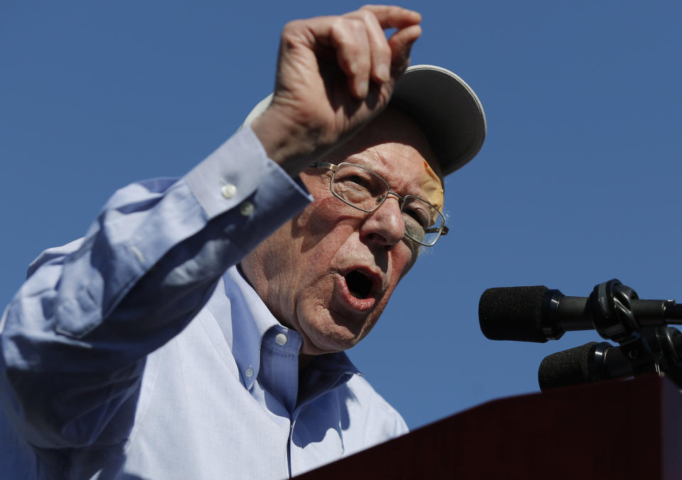 FILE - In this March 16, 2019 photo, Democratic presidential candidate Sen. Bernie Sanders speaks at a rally in Henderson, Nev. Sanders spent much of 2016 talking of revolution. In 2019, he’s turned to a subject that’s a bit more pragmatic: electability. (AP Photo/John Locher)
