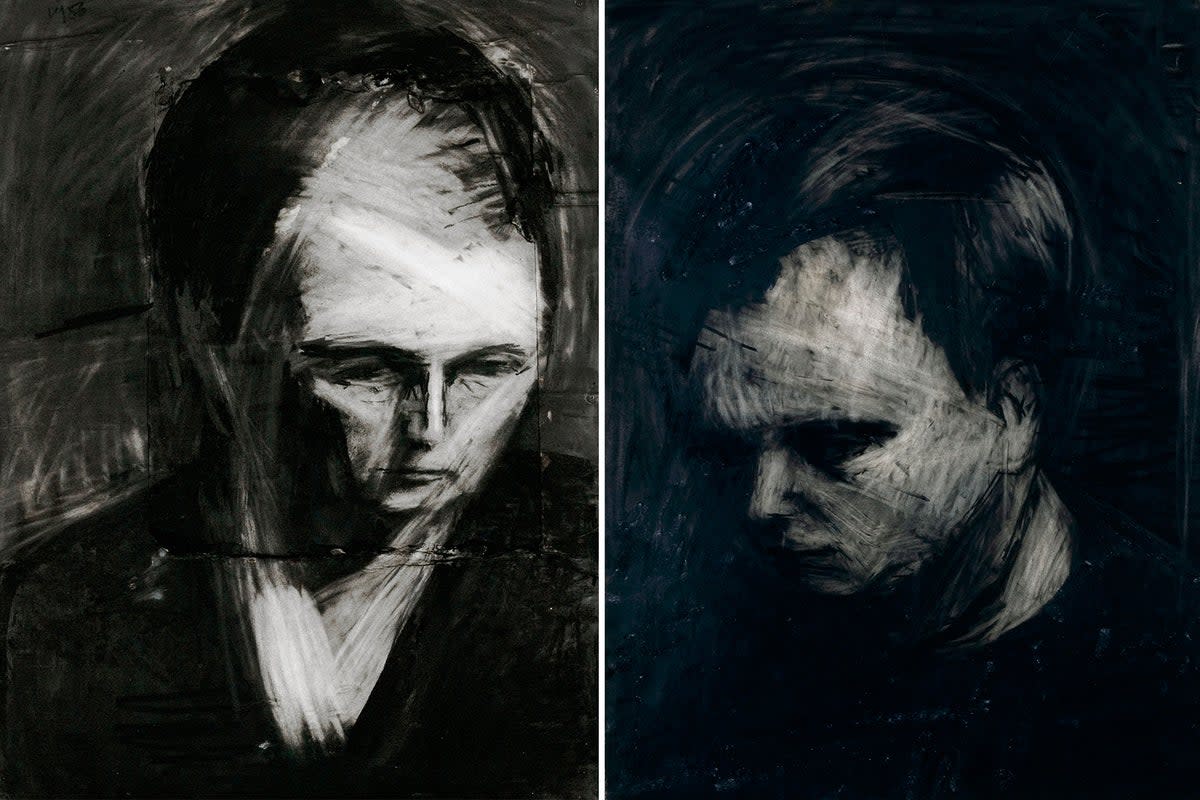 Head of EOW, 1956 charcoal (left) and Head of Leon Kossoff, 1956-57, charcoal and chalk on paper. (Private Collection © the artist, courtesy of Frankie Rossi Art Projects)