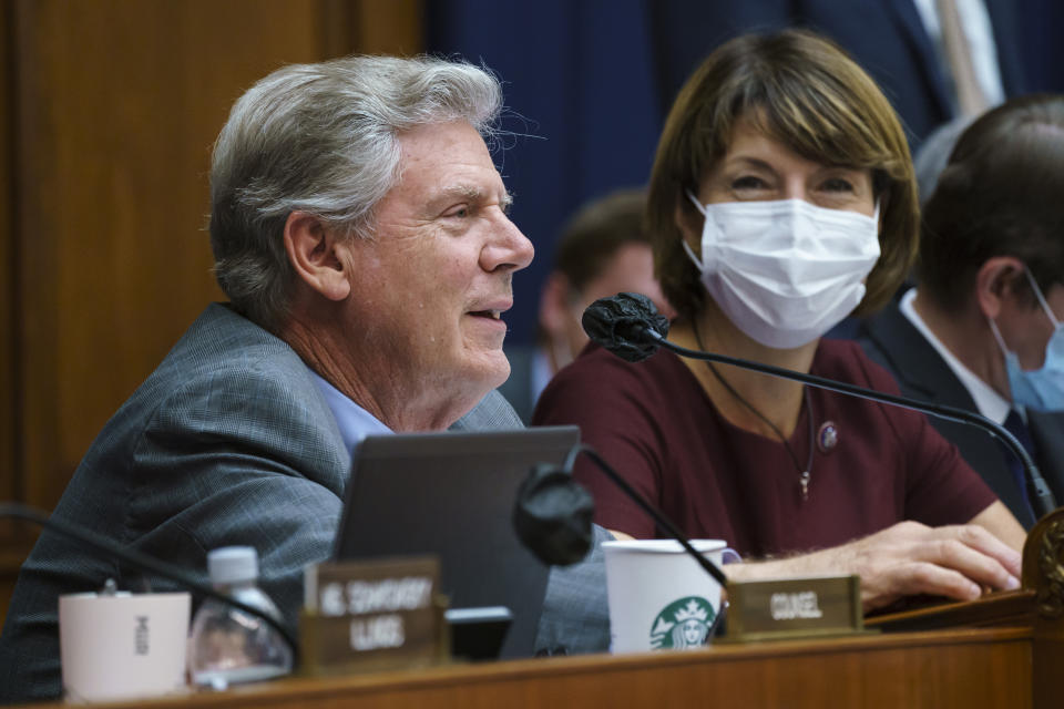 House Energy and Commerce Chairman Frank Pallone, D-N.J., with Rep. Cathy McMorris Rodgers, R-Wash., right, the ranking member, as they continue work on the "Build Back Better" package, cornerstone of President Joe Biden's domestic agenda, at the Capitol in Washington, Wednesday, Sept. 15, 2021. (AP Photo/J. Scott Applewhite)