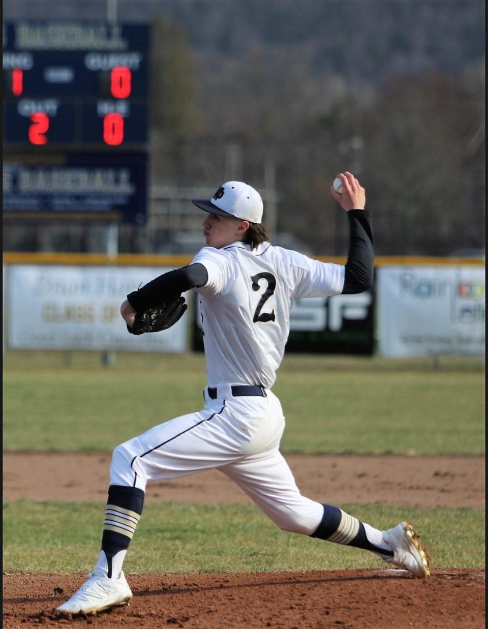 Elmira Notre Dame senior Owen Stewart pitches during a win over Watkins Glen/Odessa-Montour on March 30, 2022 at Notre Dame High School.