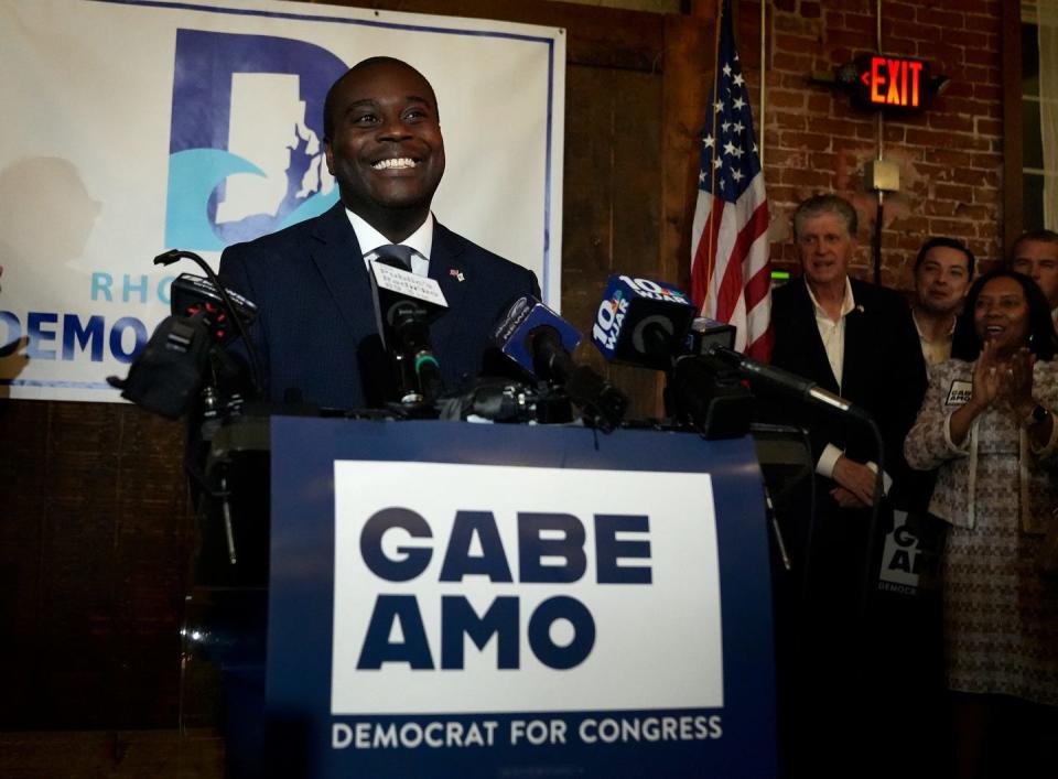 New Elected RI District 1 Representative, Democratic Gabe Amo, is the first person of color to represent Rhode Island in the US Congress. To the right is RI Gov Dan McKee< RI Treasurer James Diossa, Lt Gov. Sabina Matos and Sec of State Gregg Amore. Photographed on Nov 7, 2023 election night at The Guild in Pawtucket, RI.