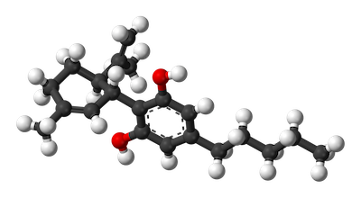 Modèle de la molécule de cannabidiol, d’après P. G. Jones, L. Falvello, O. Kennard, G. M. Sheldrick and R. Mechoulam (1977). <a href="https://fr.wikipedia.org/wiki/Cannabidiol#/media/Fichier:CBD-3D-balls.png" rel="nofollow noopener" target="_blank" data-ylk="slk:Benjah-bmm27 / Wikimedia Commons;elm:context_link;itc:0;sec:content-canvas" class="link ">Benjah-bmm27 / Wikimedia Commons</a>