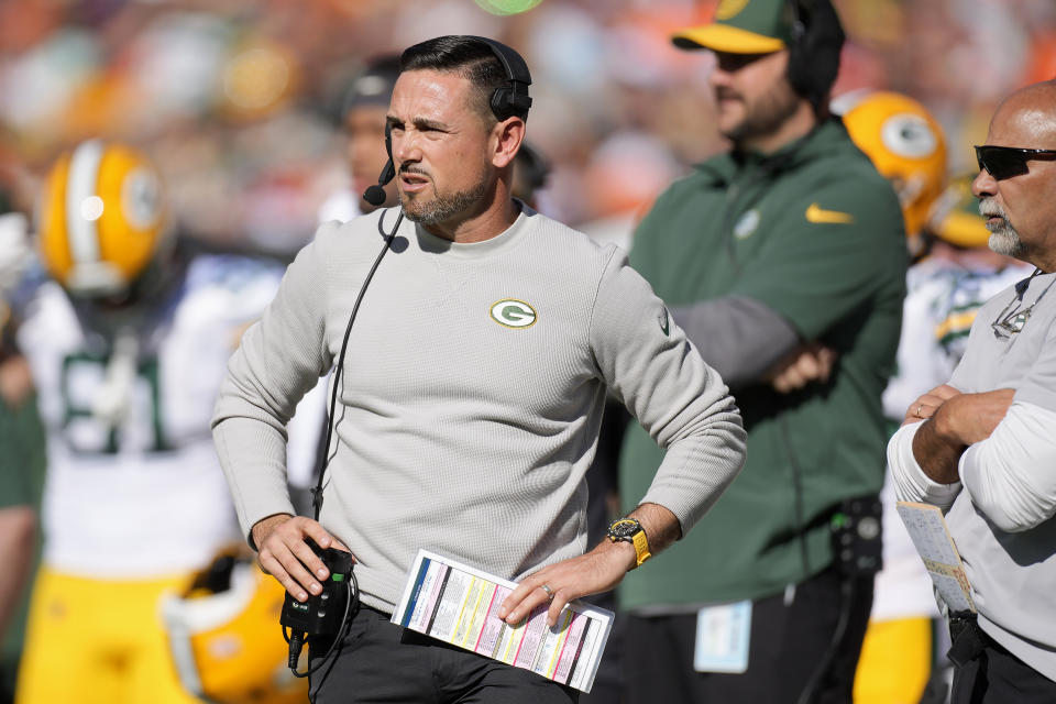 Green Bay Packers head coach Matt LaFleur watches from the sideline during the first half of an NFL football game between the Denver Broncos and the Packers in Denver, Sunday, Oct. 22, 2023. (AP Photo/David Zalubowski)