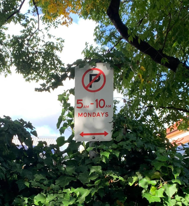 A sign reading no parking between 5am and 10am on Mondays. Source: Supplied