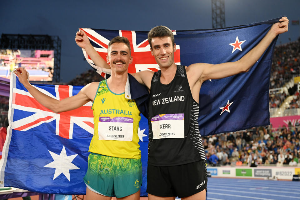 Brandon Starc and Hamish Kerr, pictured here following the men's high jump final at the Commonwealth Games.