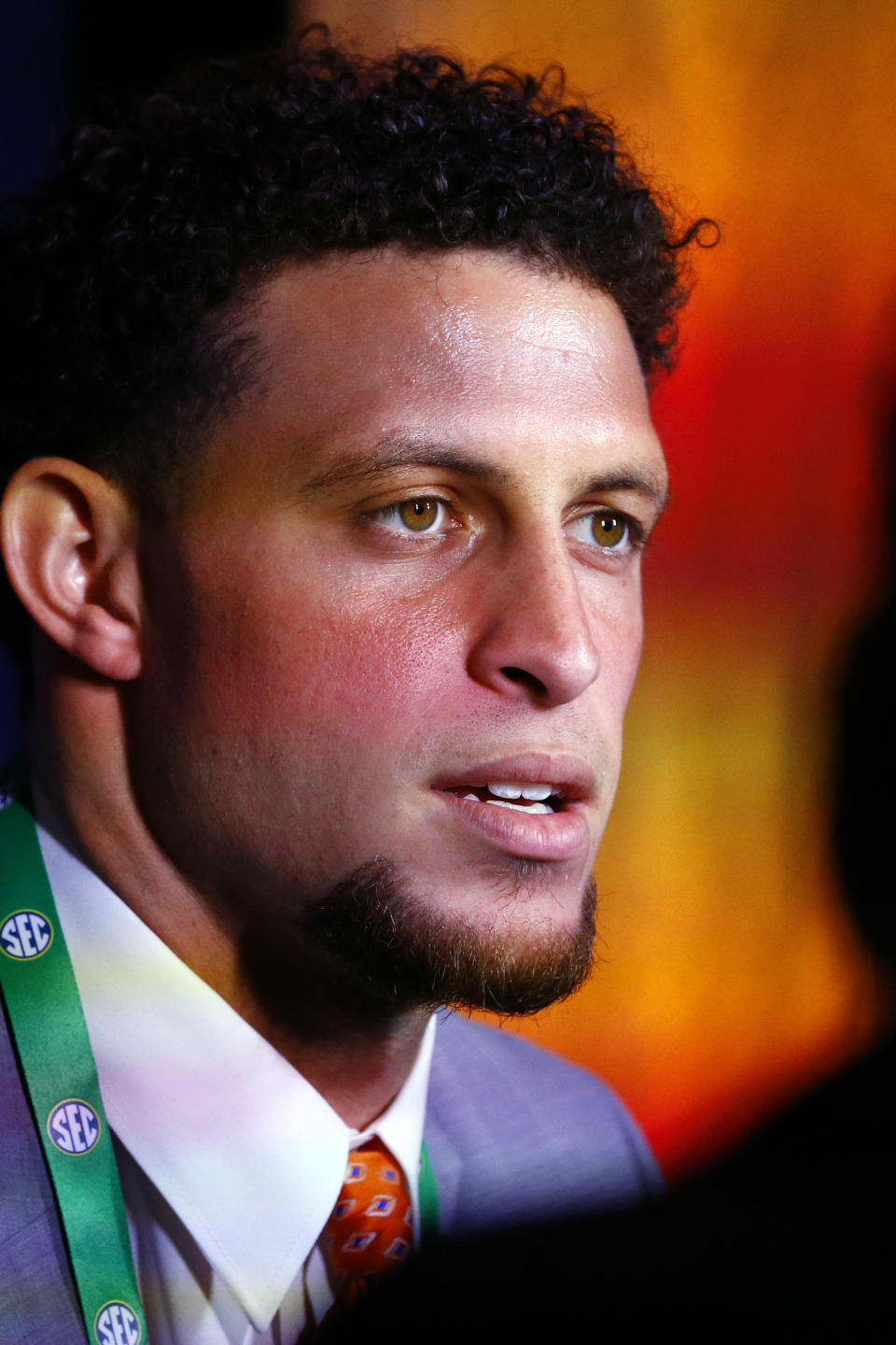 Florida quarterback Feleipe Franks speaks during the NCAA college football Southeastern Conference Media Days, Monday, July 15, 2019, in Hoover, Ala. (AP Photo/Butch Dill)